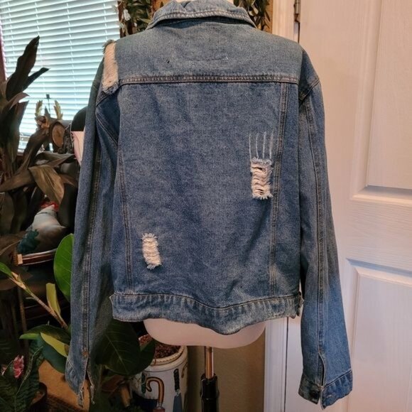 Women's denim blue jacket rocker destroyed hole patches rocker plus size 3X - Picture 5 of 8
